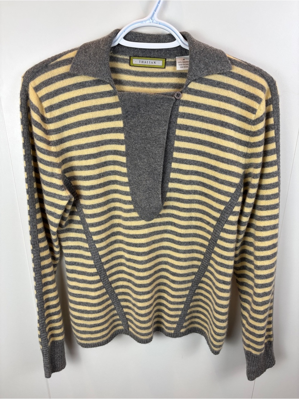 Thalian Cashmere Sweater Yellow Grey Striped Button Collar Women's M Super Soft